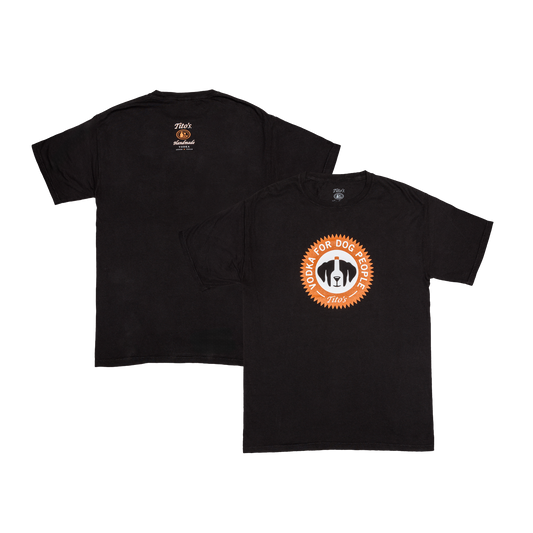 Front and Back view of a Black t-shirt with orange and white Vodka for Dog People logo centered on the front chest and the Tito's Handmade Vodka logo small in the middle of the top back shirt. 