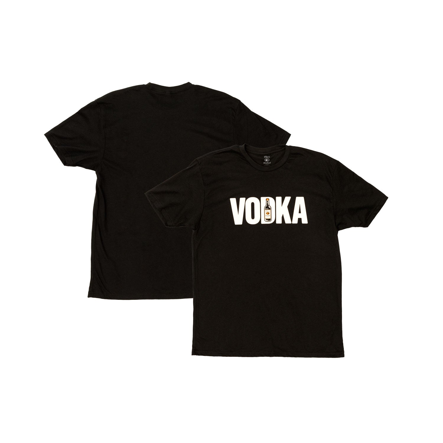 Front and back view of black shirt that has a front design that says 'VODKA' and has a Tito's Handmade Vodka bottle in the middle of the 'D'
