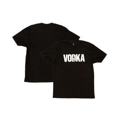 Front and back view of black shirt that has a front design that says 'VODKA' and has a Tito's Handmade Vodka bottle in the middle of the 'D'