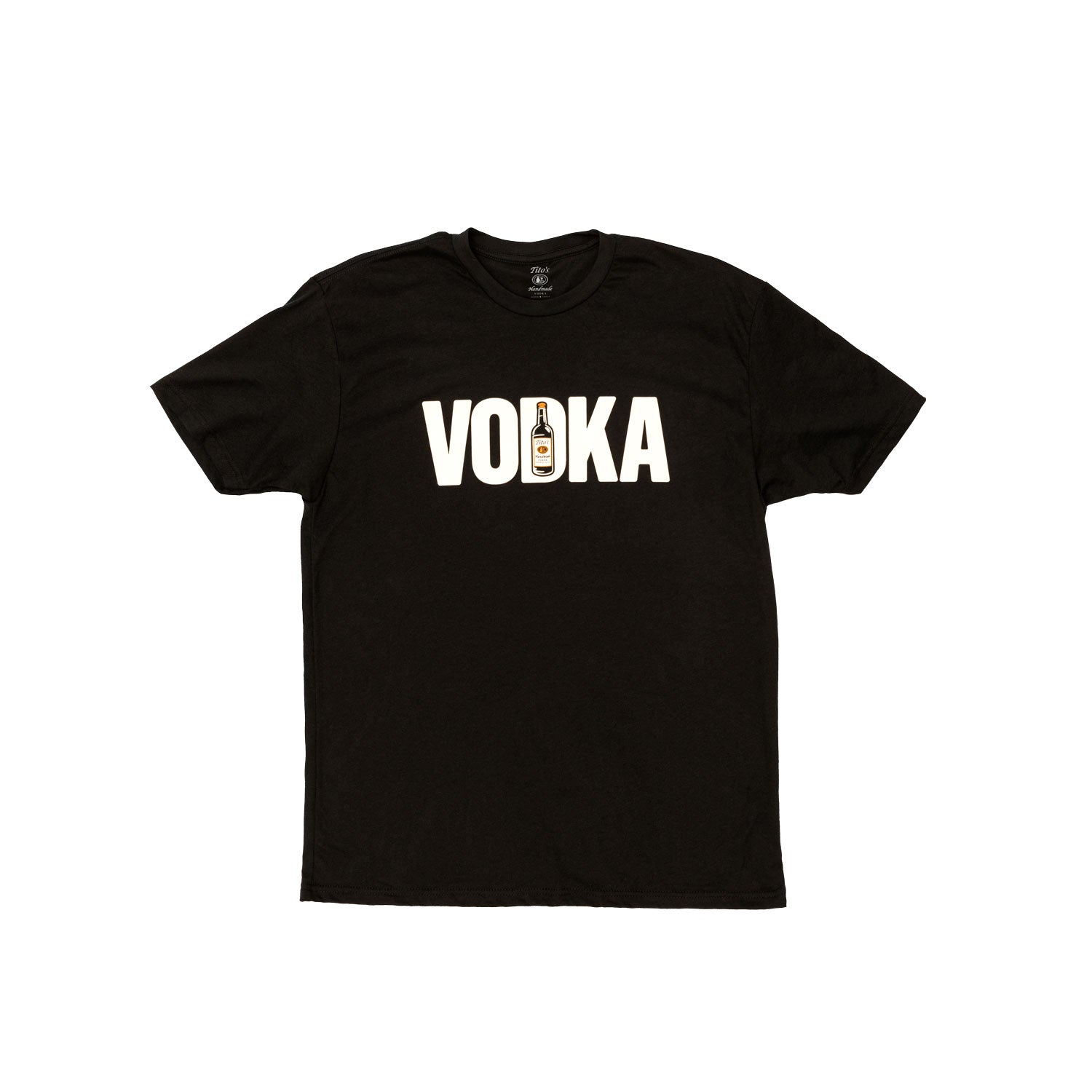 Front view of black shirt that says 'VODKA' and has a Tito's Handmade Vodka bottle in the middle of the 'D'
