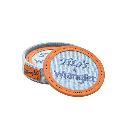 Set of denim coasters with a leather trim and Tito's and Wrangler embroidered 