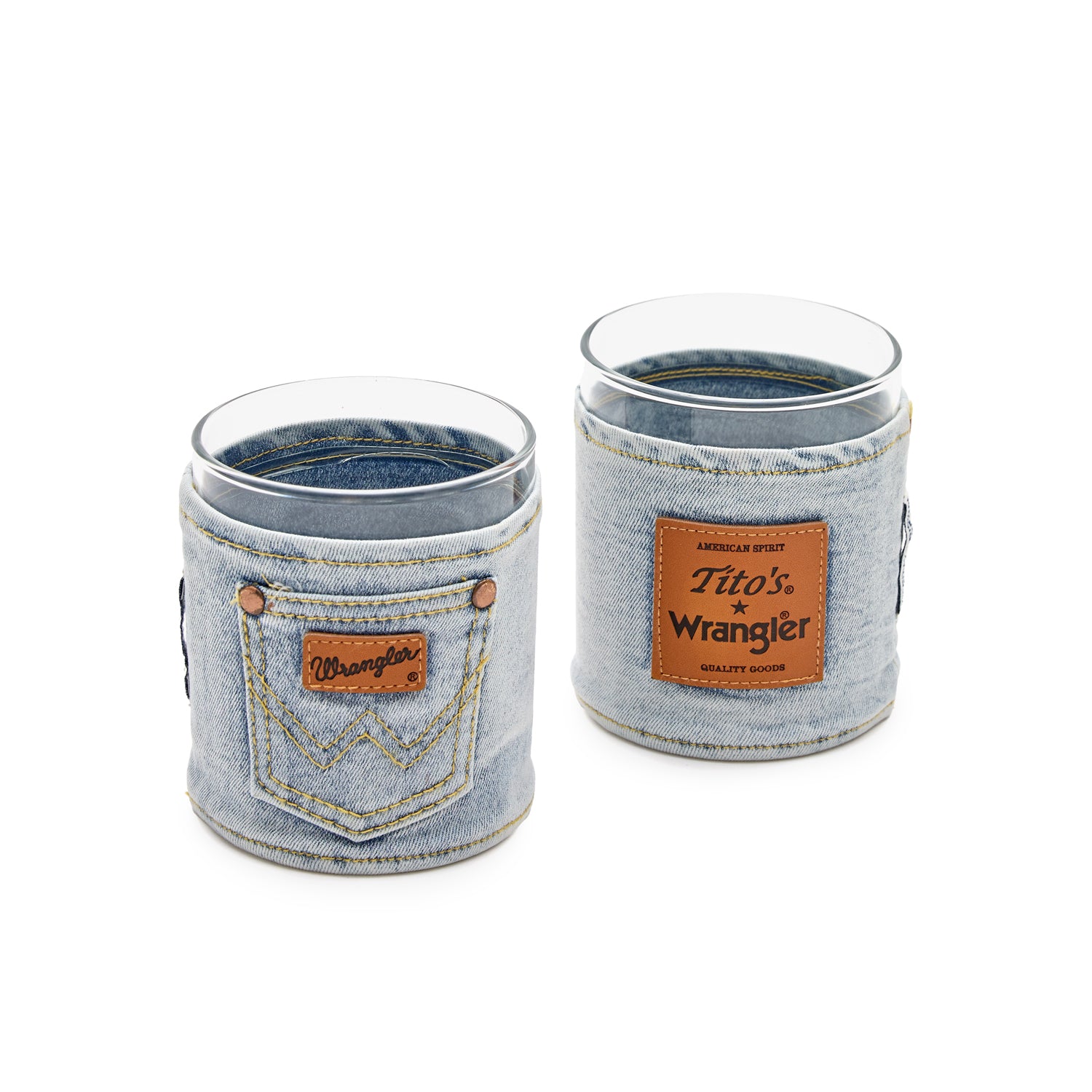 front and back view of rocks glass set with a denim wrap on each. The front has a Wrangler pocket with leather Wrangler patch and the back has a square leather patch with Tito's and Wrangler logos 