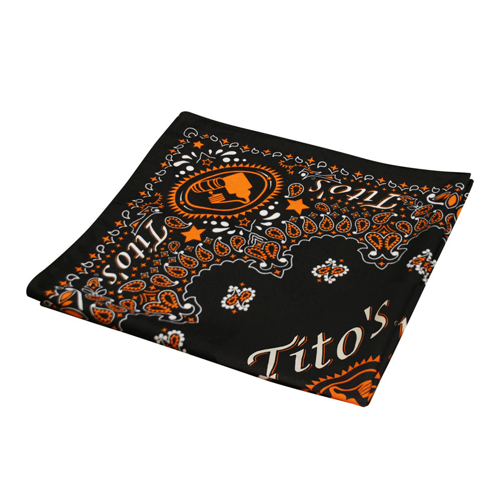 Black bandana with orange and white Tito’s Handmade Vodka designs