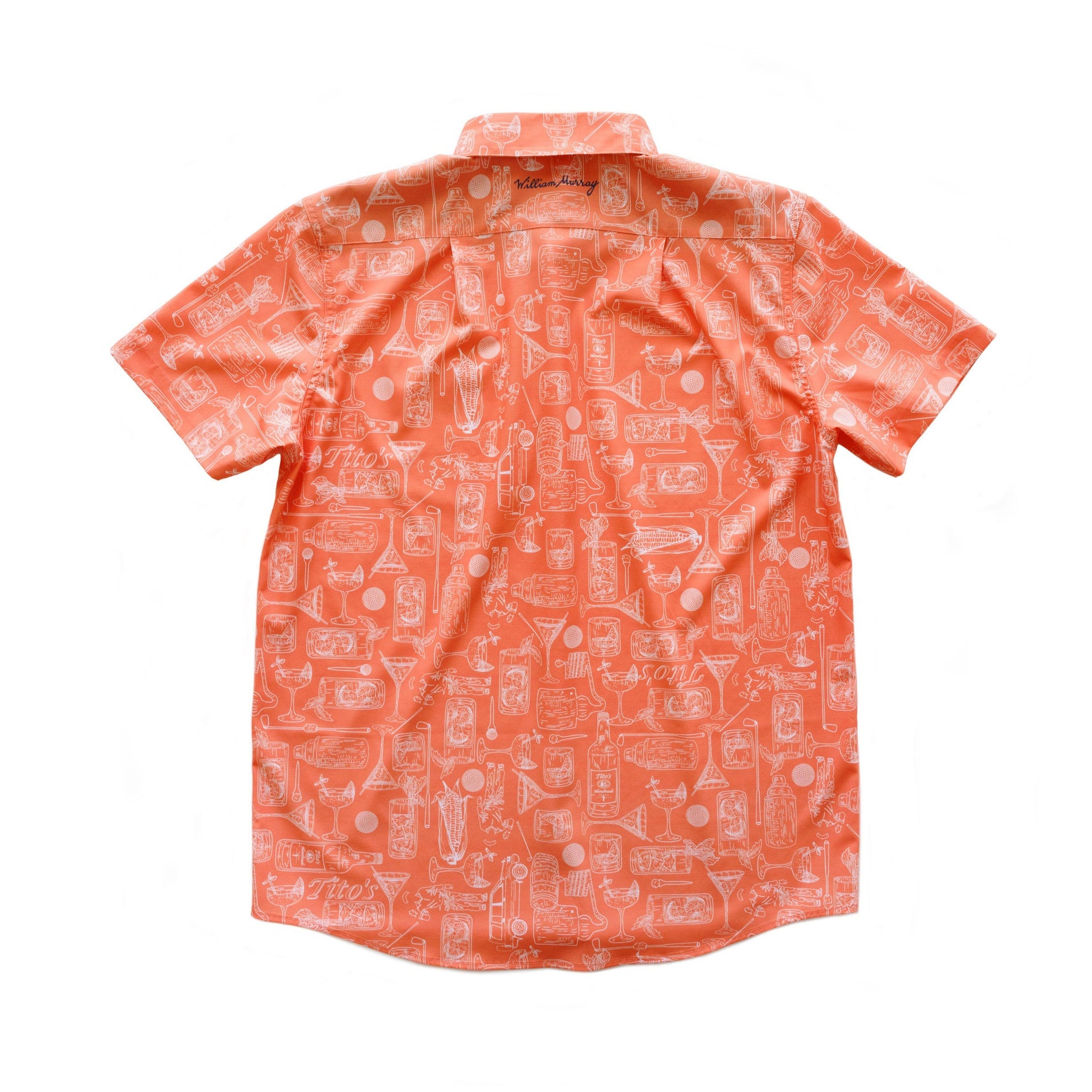 Back of coral Recipe for Success Button Down with Tito’s Handmade Vodka and cocktail illustrations