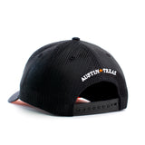 back view of black trucker hat with Austin Texas 