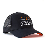 Front view of black trucker hat with embroidered Love, Tito's logo