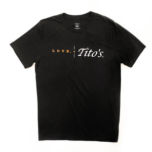 Front view of black short-sleeved t-shirt with Love, Tito's logo