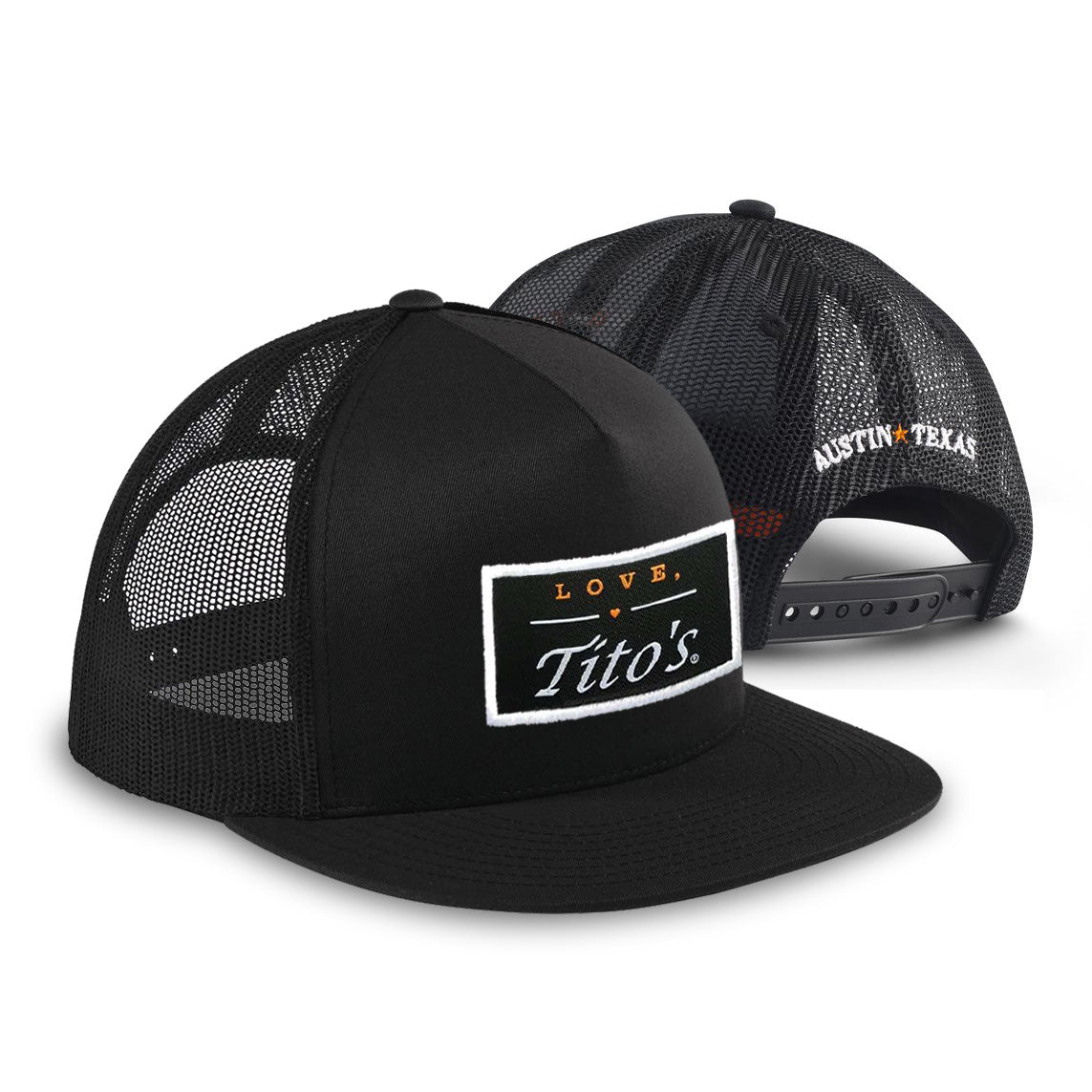 Black trucker hat with "Love, Tito's" logo patch on front and "Austin, Texas" embroidered on back