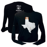 Front and back view of black long-sleeved There's No Place Like Austin t-shirt