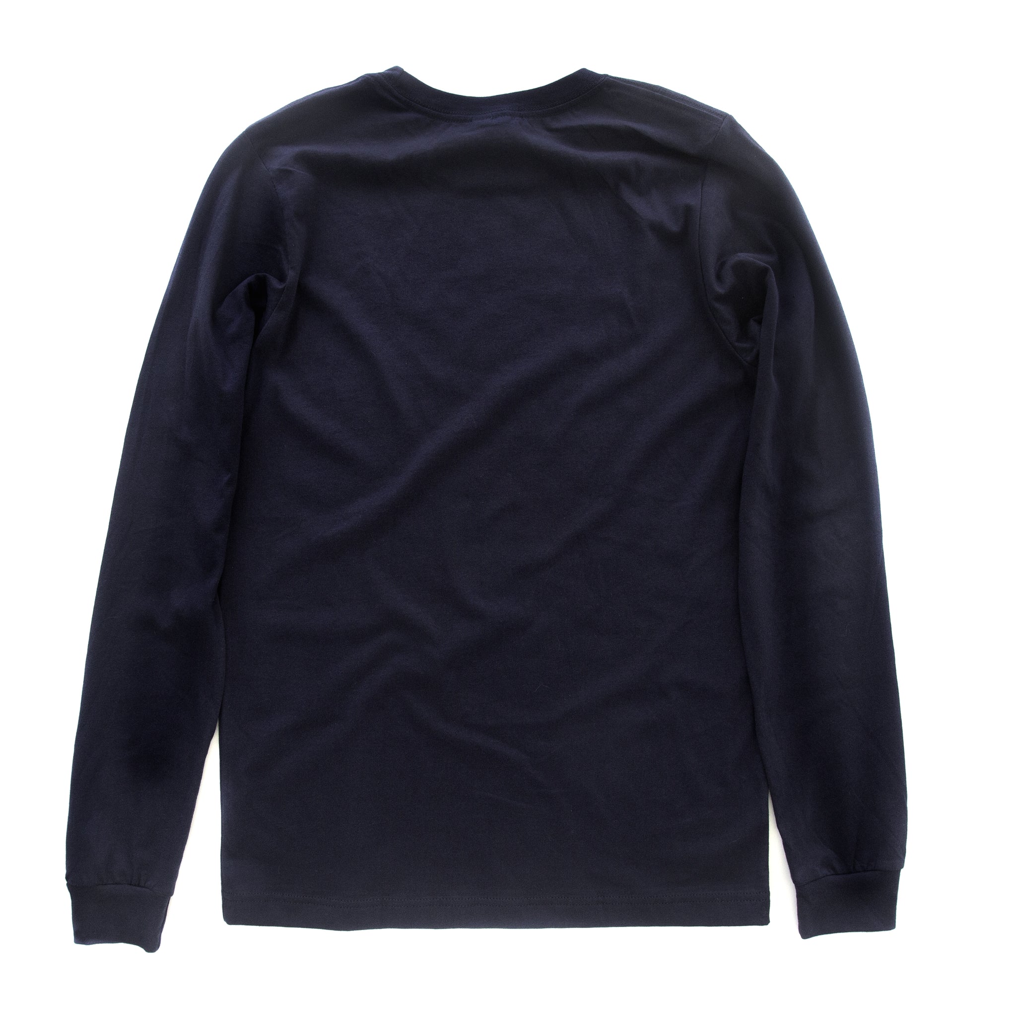 Back view of navy long-sleeved t-shirt