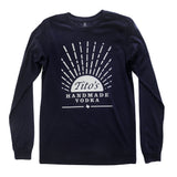 Navy long-sleeved t-shirt with Tito's Handmade Vodka mark and sunrise design