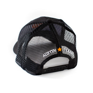 Plastic adjustable snap back closure and mesh back with Austin, Texas text