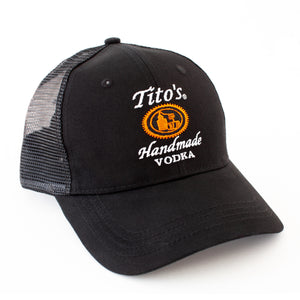 Structured black trucker hat with Tito's logo on front