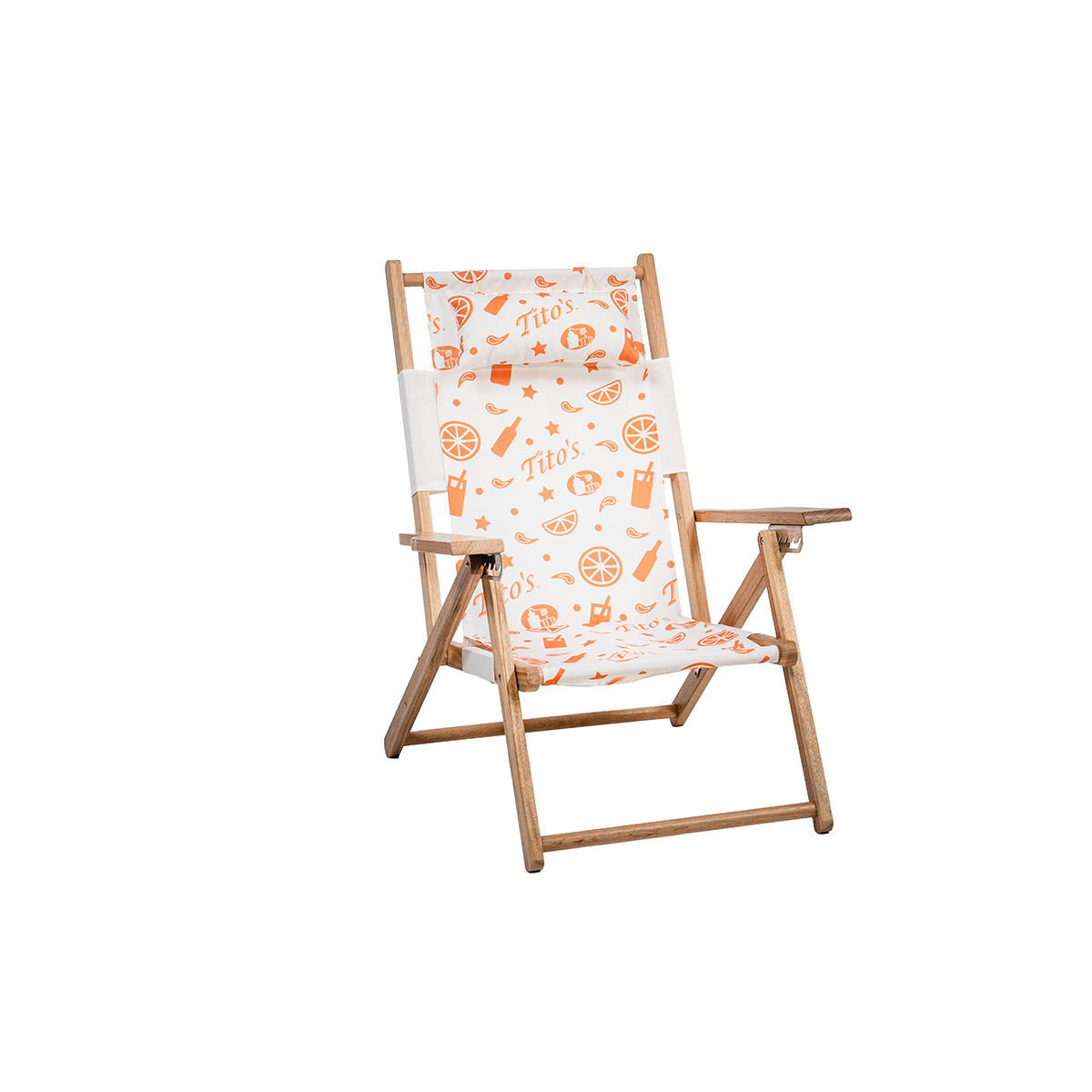 Hardwood frame folding chair with white canvas seat and orange Tito's Handmade Vodka wordmarks and cocktail designs