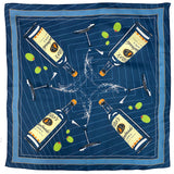 Navy silk scarf with illustrated Tito's Handmade Vodka bottles, martini glasses, and green olives