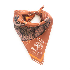 Copper silk scarf featuring white Tito's Handmade Vodka logo with illustrated armadillos and bottle designss