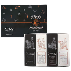 Box of 12 Pro-V1 golf balls with Tito's golf illustrations on the front and Tito's cocktail recipes on the back