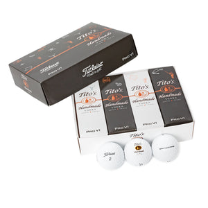 12-Pack of Pro-V1 golf balls with Tito's Handmade Vodka logo and Tito's golf and cocktail illustrations