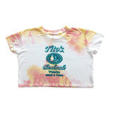 Front of pink and yellow tie-dye crop top with Tito's Handmade Vodka logo