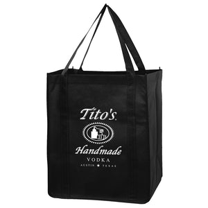 Black tote bag with Tito's Handmade Vodka logo