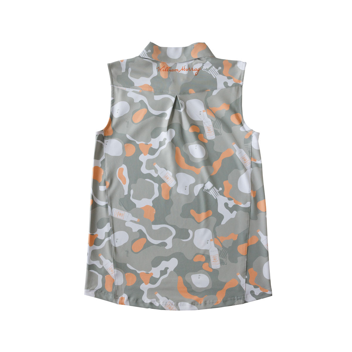 Back of gray and orange camouflage polo tank with Tito's Handmade Vodka bottle and pot still designs and William Murray wordmark