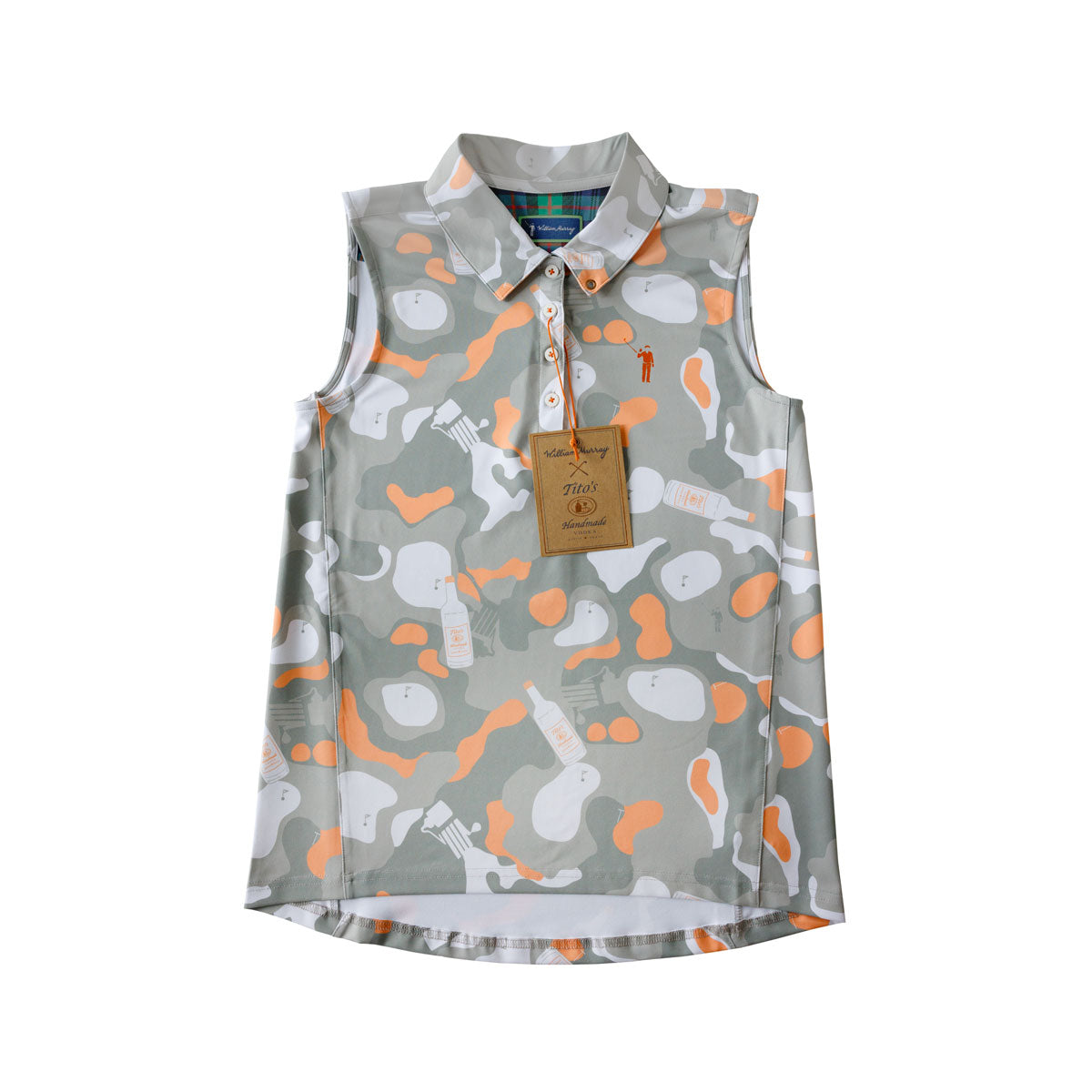 Front of gray and orange camouflage polo tank with Tito's Handmade Vodka bottle and pot still designs and William Murray logo