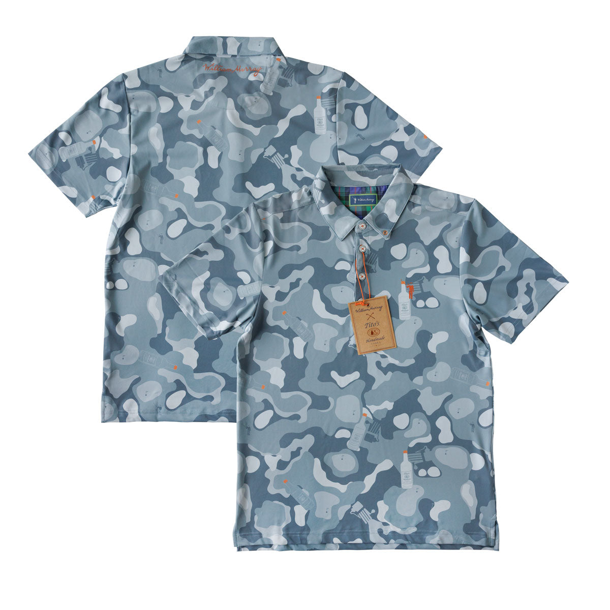 Blue camouflage polo with Tito's Handmade Vodka bottle and pot still designs, William Murray logo on front, and William Murray wordmark on back