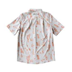 Back of cream button down with orange Tito’s Handmade Vodka, golf, and Texas illustrations, and William Murray wordmark