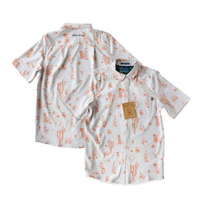 Front and back of cream button down with orange Tito’s Handmade Vodka, golf, and Texas illustrations, front pocket, and William Murray logo and wordmark
