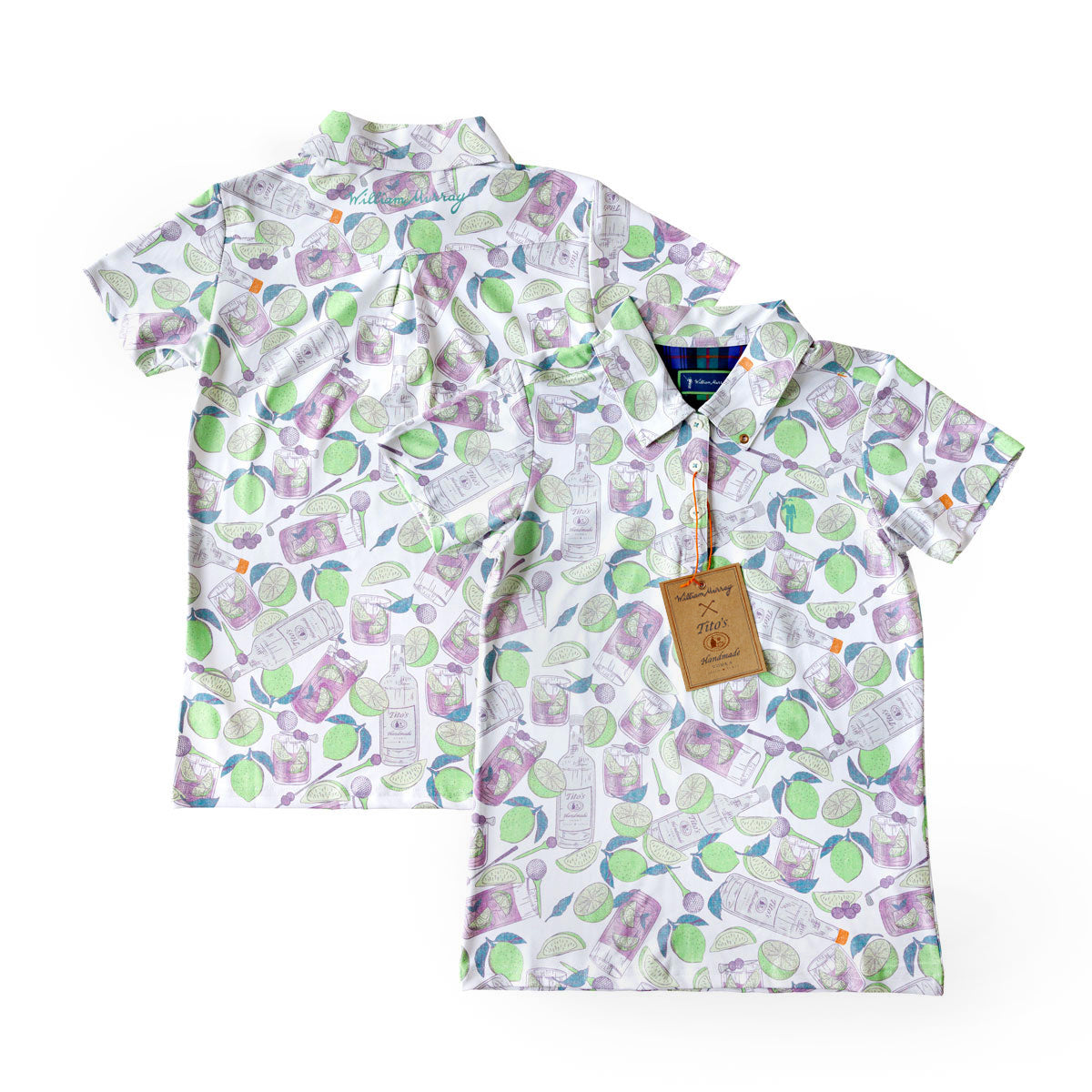 Front and back of white polo with green and purple Tito's Handmade Vodka bottles, grapes, limes, and transfusion cocktail designs with William Murray logo and wordmark
