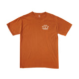 Front of orange short-sleeved t-shirt with Tito's Handmade Vodka design on left breast