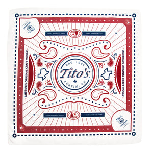 Red, white, and blue bandana with Tito's logo, pot stills, and the state of Texas details
