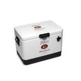Side and top view of white cooler with stainless steel hardware accessories and bottle opener on front with Tito's Handmade Vodka Logo