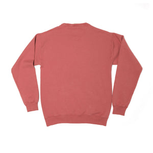 Back view of dusty rose colored long sleeve crewneck pullover 