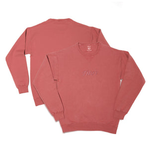 Front and back view of dusty rose colored long sleeve crewneck pullover with Tito's embroidered wordmark on front