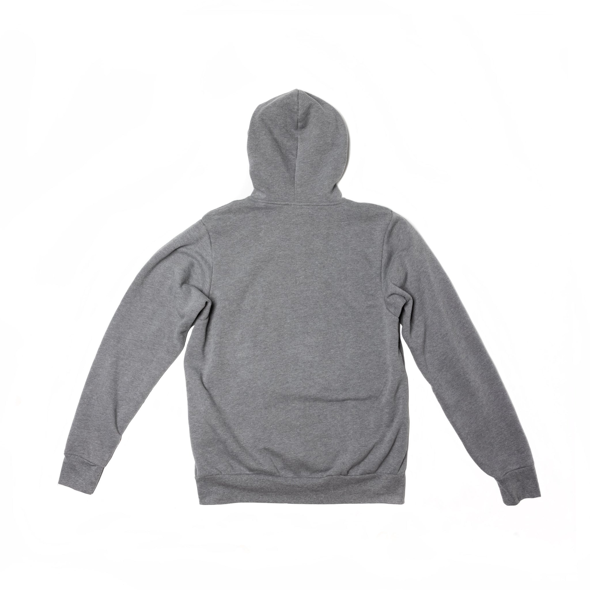 Back of light gray hooded sweatshirt