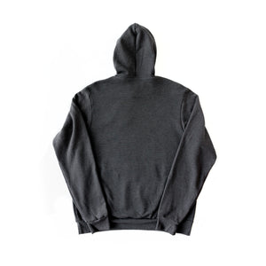 Back of charcoal gray hooded sweatshirt