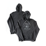Front and back of charcoal gray hooded sweatshirt