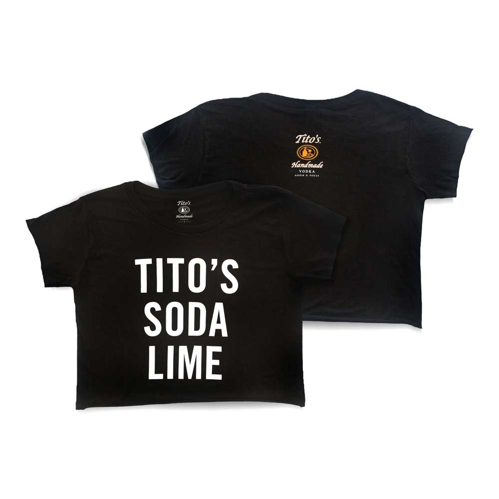 Black crop top with Tito's Soda Lime white text on the front and small Tito's Handmade Vodka logo on the back