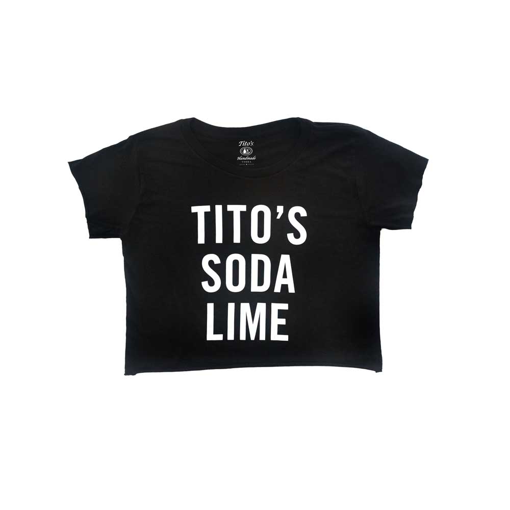 Front of black crop top with Tito's Soda Lime white text