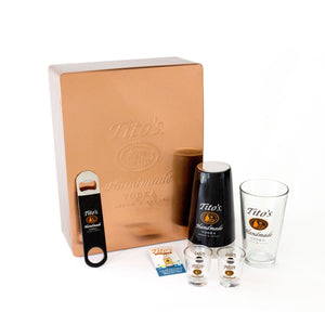 Tito's Shaker & Pint Glass set, 2 Tito's Sippers, Tito's Taster Pin, Tito's Bar Key, and Tito's copper tin gift box 
