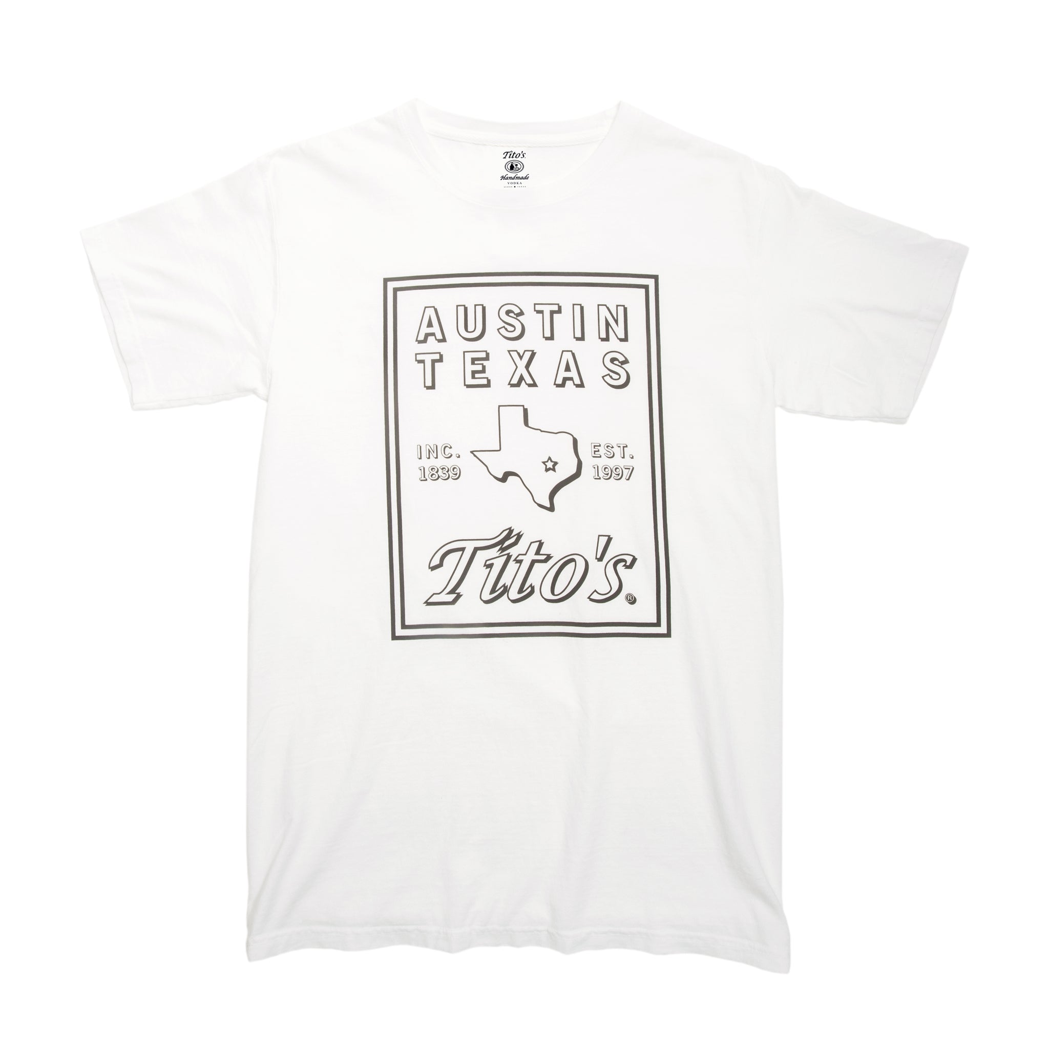 Front of white short sleeve shirt with Tito's word mark, Austin, Texas text, and state of Texas 