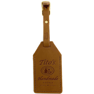 Front view of leather luggage tags with Tito’s Handmade Vodka logo 