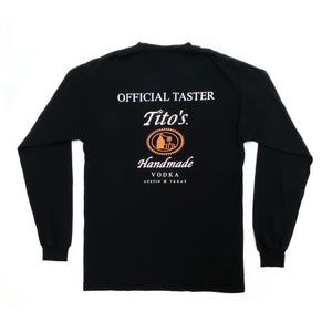 Back of black long-sleeved t-shirt with Official Tito's Taster mark