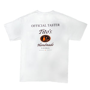 Back view of white short-sleeved Tito's Taster t-shirt with Tito's Handmade Vodka logo on back