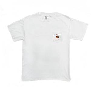 Front view of white short-sleeved t-shirt with Tito's Handmade Vodka logo on left breast pocket