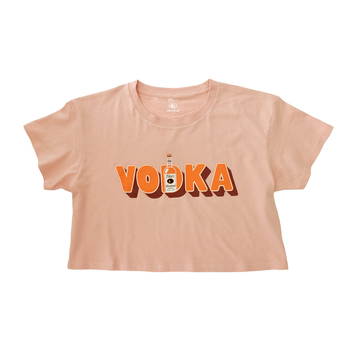Pale pink crop top with Vodka in orange text and Tito's Handmade Vodka bottle in the letter D