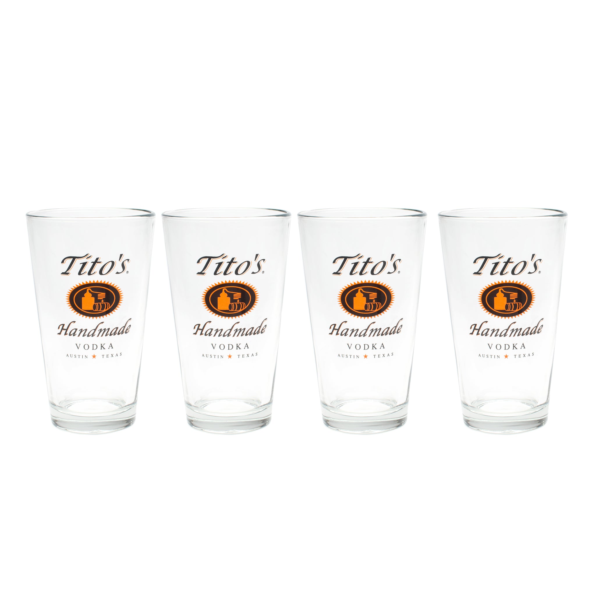 Set of four Pint glass with tito's handmade vodka logo on one side