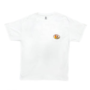 Front view of white short-sleeved t-shirt with orange to yellow fade pot still design on left breast pocket