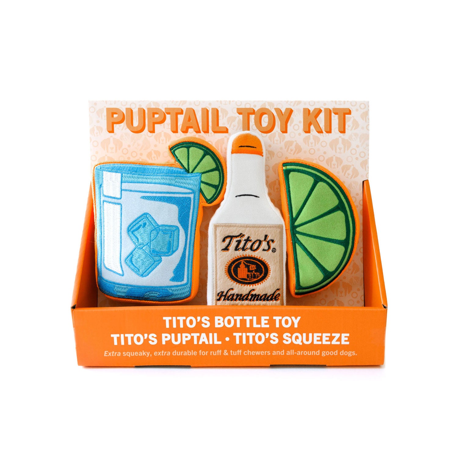 Tito's Puptail Toy Kit with Tito's Bottle Toy, Tito's Puptail squeeze toy, and Tito's Squeeze lime toy